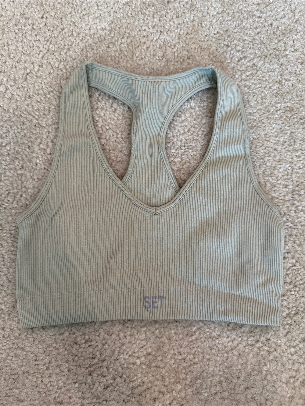 SET ACTIVE Ribbed V-Neck Racerback Bralette in Sage Green